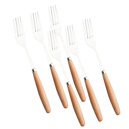 Picture of Stainless Steel Fork with Wooden Handle, 6 Pcs - 19 Cm