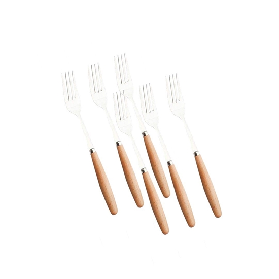 Picture of Stainless Steel Fork with Wooden Handle, 6 Pcs - 15 Cm
