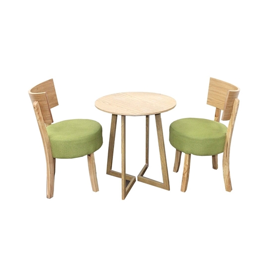 Picture of Small Round Wooden Tea Table and 2 Leather Chairs Set
