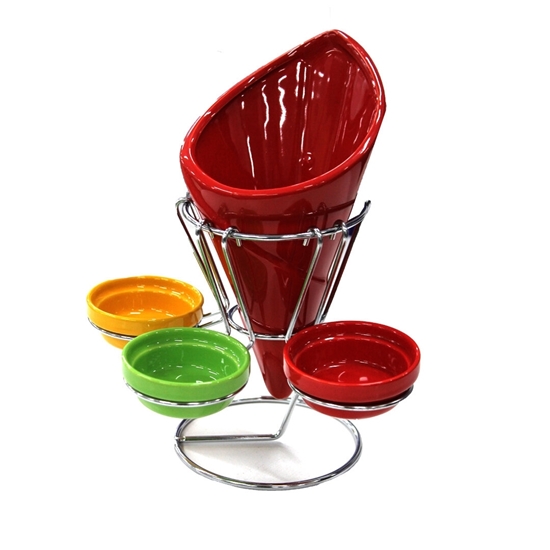 Picture of French Fry Cone with Stand and 3 Shallow Dip Dishes - 23 Cm