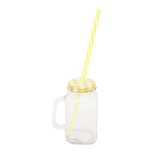 Picture of Glass Jar with Handle metal Lid & Twisted Straw
