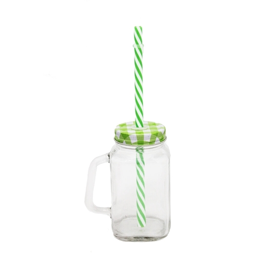 Picture of Glass Jar with Handle metal Lid & Twisted Straw