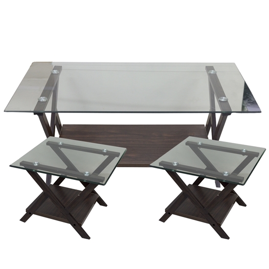 Picture of BROWN COLOR- GLASS TOP- COFFEE TABLE- WITH 2 SIDE TABLES Large Table: W: 110 / D: 60 / H: 45 cm //  Side Table: W: 60 / D: 60 / H: 45 cm