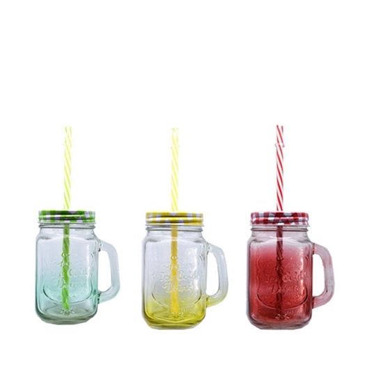 Picture of Pack of 3 Mason Jar Mugs with Handle, Color Lids, and Plastic Straws, Old Fashion Drinking Glasses, Glass Drinking Cup, Dishwasher Safe, Assorted Color Lid - 13 x 8 Cm