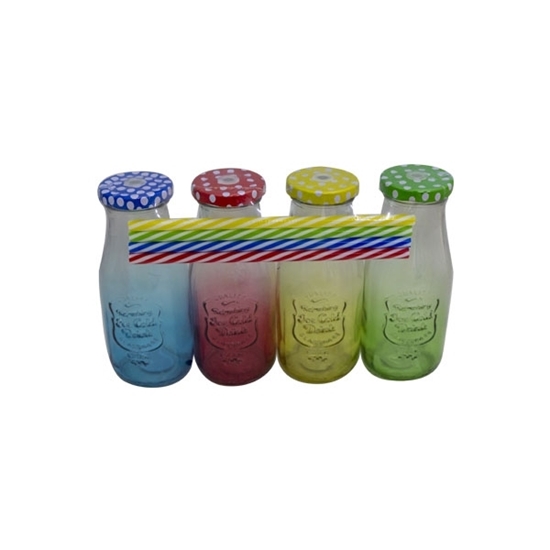 Picture of Pack of 4 Mason Jar Mugs with Handle, Color Lids, and Plastic Straws, Old Fashion Drinking Glasses, Glass Drinking Cup, Dishwasher Safe, Assorted Color Lid - 15 x 6 Cm