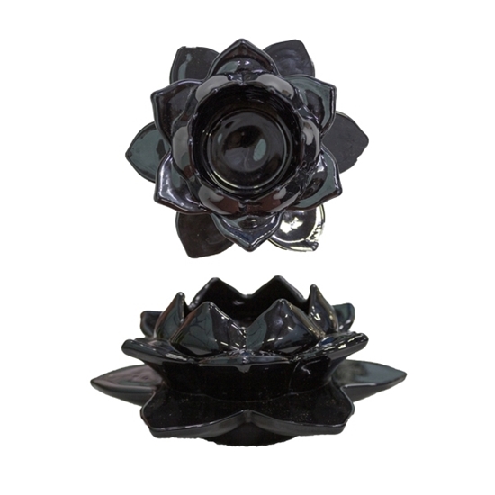 Picture of Black Glass Lotus Flower Tealight Candle Holder - 12 x 5 Cm