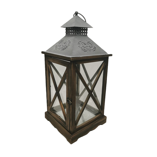 Picture of Grey - Wood & Glass Lantern - 23 x 23 x 52.5 Cm